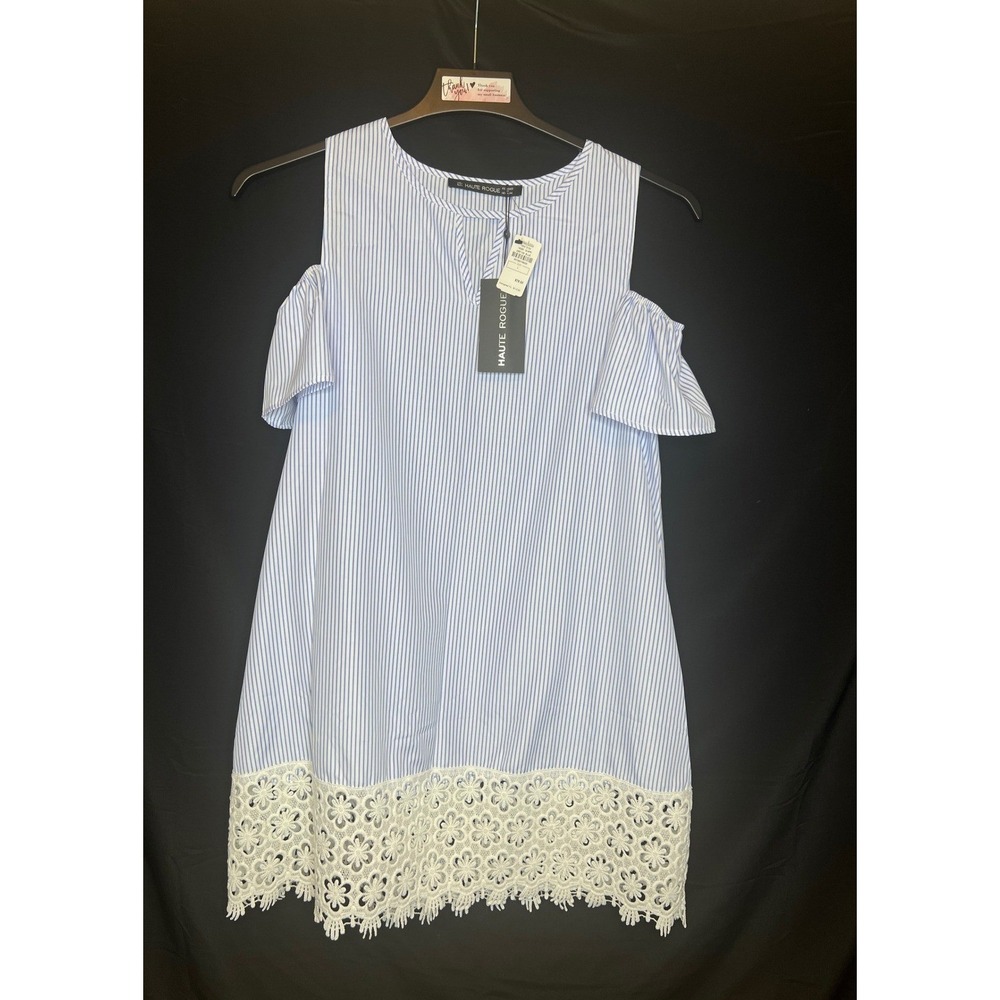 Neiman Marcus Haute Rogue Blue White Striped Dress  Lace Trim. NWT Size Large‎